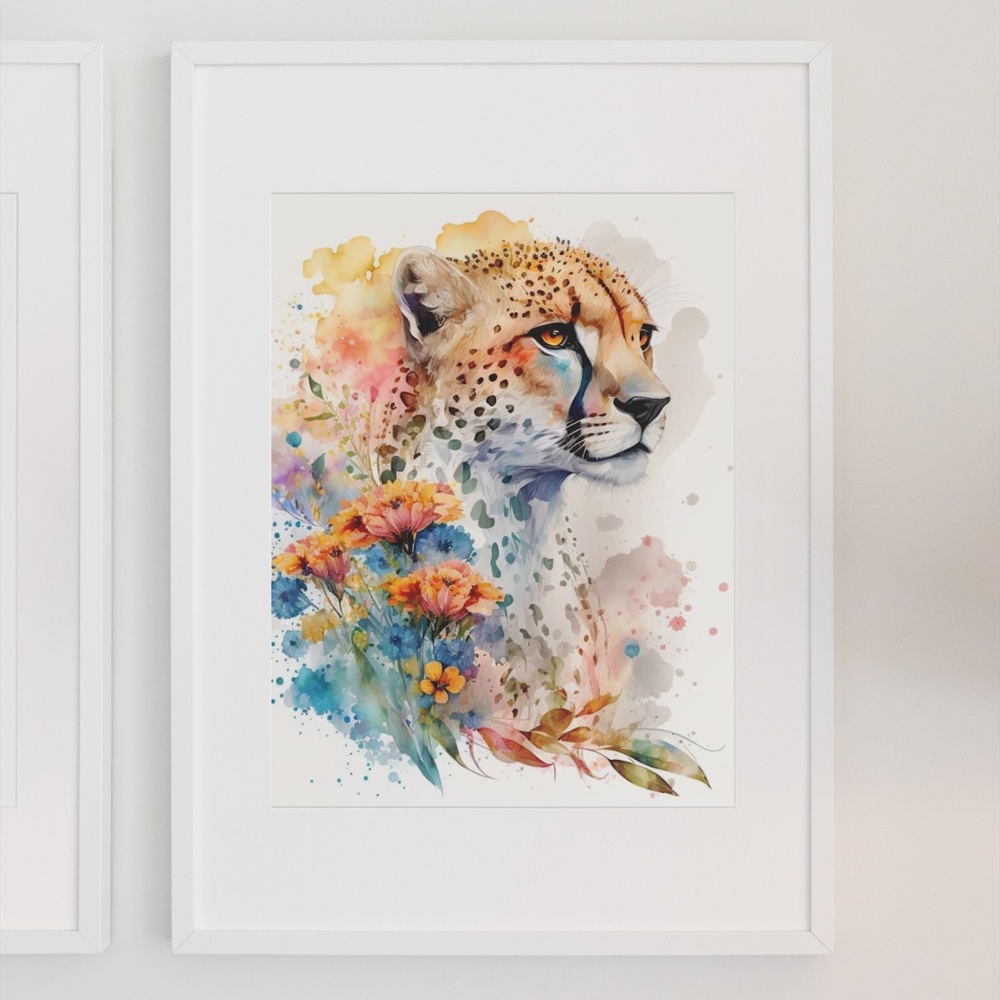 Cute Floral Cheetah Watercolor Wall Art Illustration Print Poster Card Unframed - Picture 8 of 8